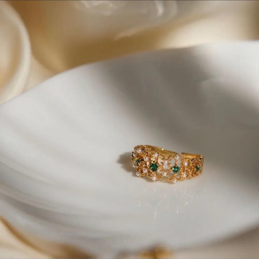 18K Gold Plated Filigree Lace Cutout Emerald Green Pearl Open Statement Ring